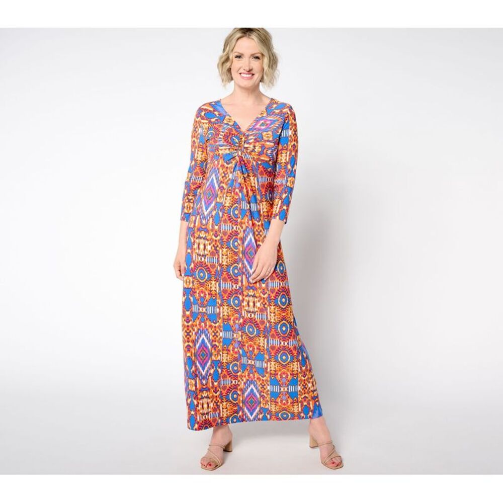 Women Control Women's Petite Dress PL V-Neck Knot Front Multi-colored